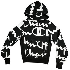 Champion Reverse Weave Hoodie Sweatshirt Black White Logo Print Extra Small XS